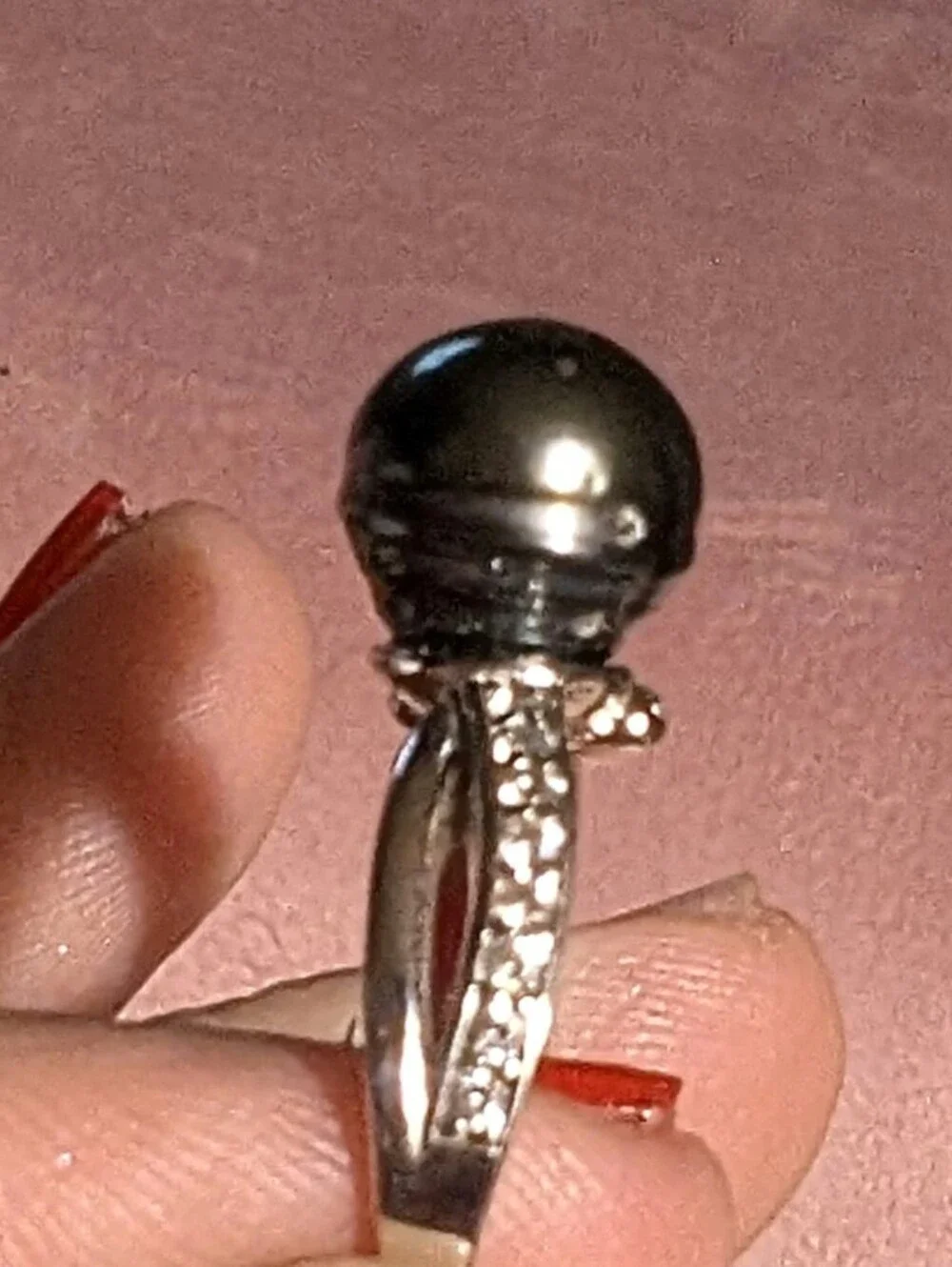 Cultured Black Tahitian Pearl W/ White Zircon Rhodium Over 925 Sterling Ring Sz8